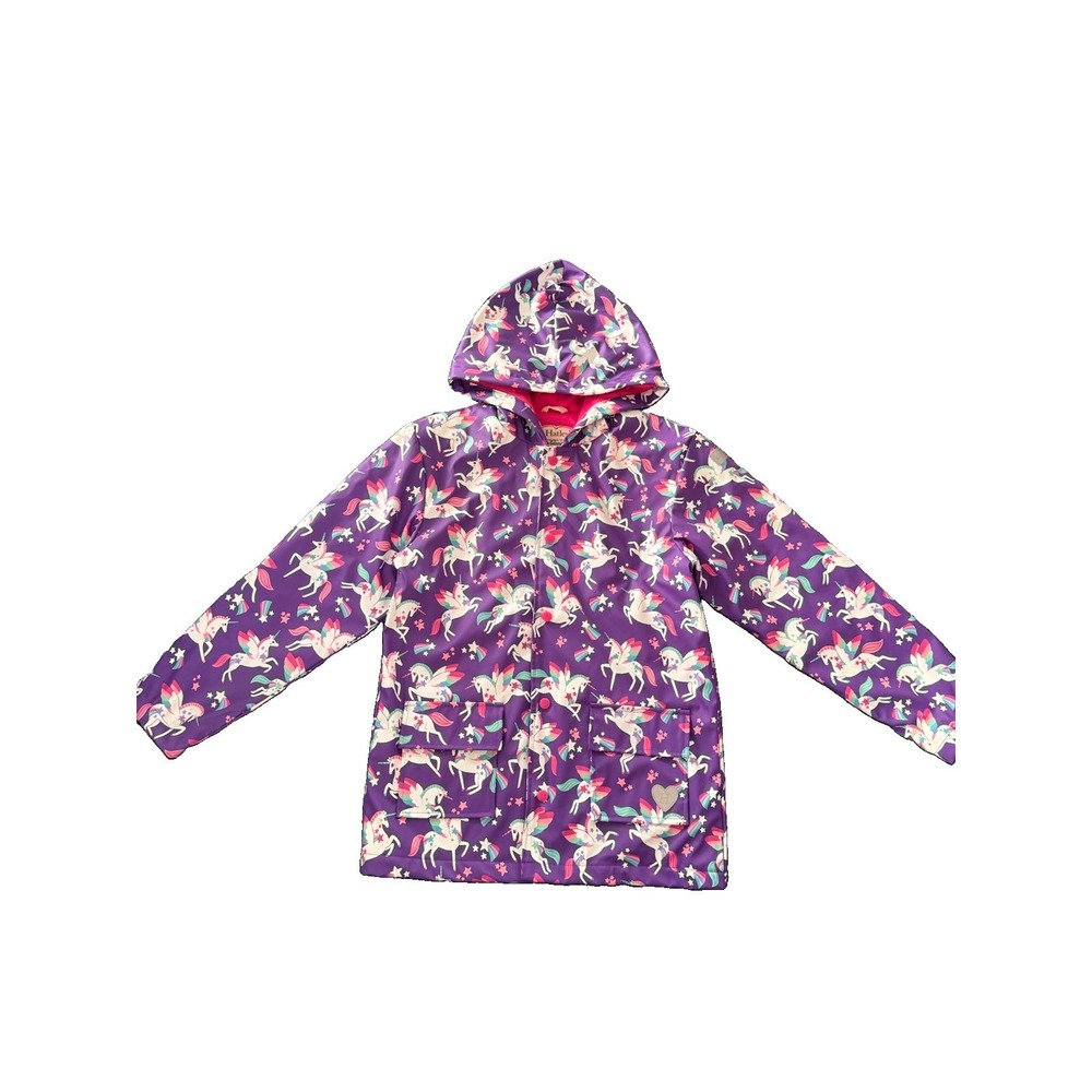 HATLEY Purple Unicorns Hooded Terry Lined Rain Jacket Size 12 Girls